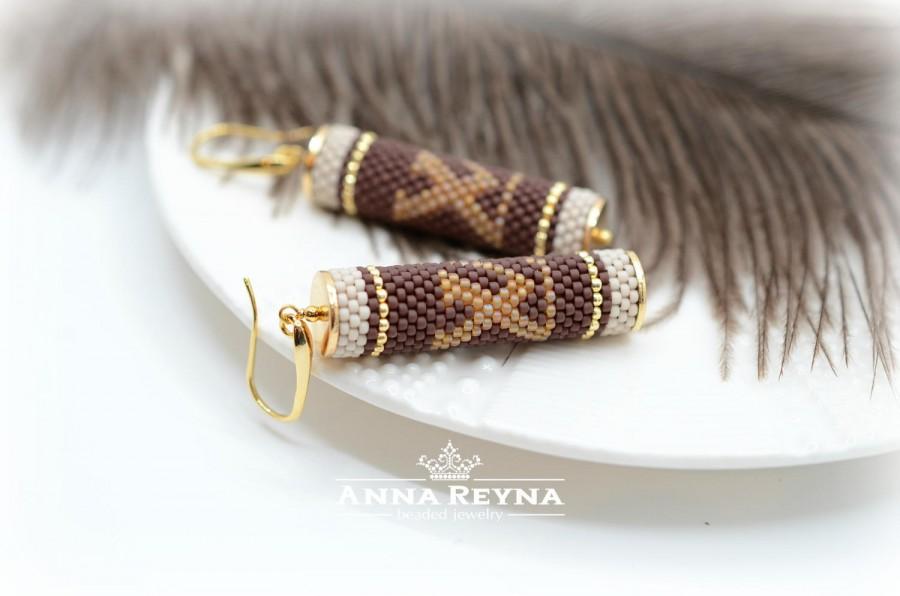 Mariage - Beaded earrings - brown, beige, gold - Beadwork earrings - Seed Bead Earrings - Beadwork - Louis Vuitton - office style - fashion style