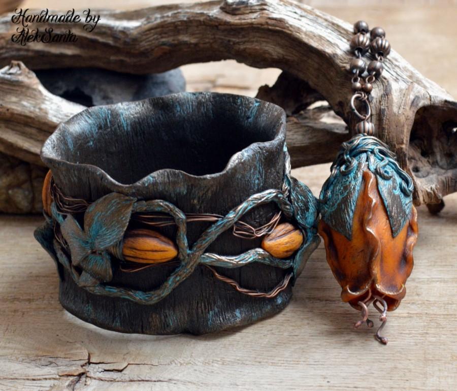 Mariage - Brown jewelry Floral necklace Orange jewelry Large pendant Leaf jewelry unique Wide bracelet Leaf bangle Polymer clay jewelry for women .nsm