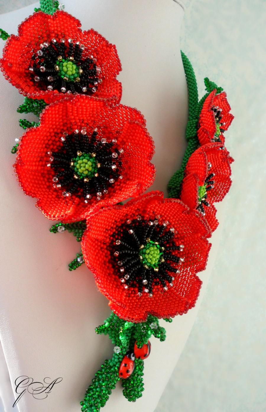 Wedding - Beaded necklace Poppies necklace Red beaded necklace Ukrainian beaded jewelry Beaded flowers poppies Gift from Ukraine Poppies beaded