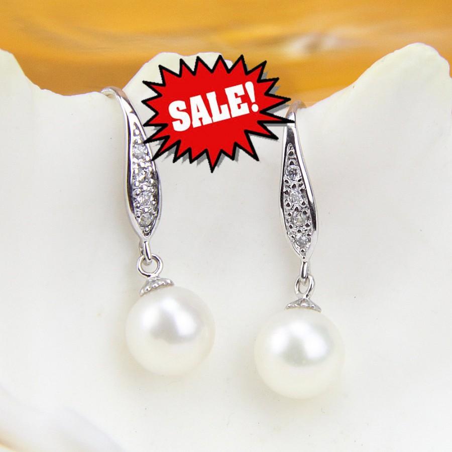 Wedding - sterling silver earrings dangle with pearls,rhinestone earrings,8mm natural pearl earrings,1st anniversary gift,mother in law,women earrings