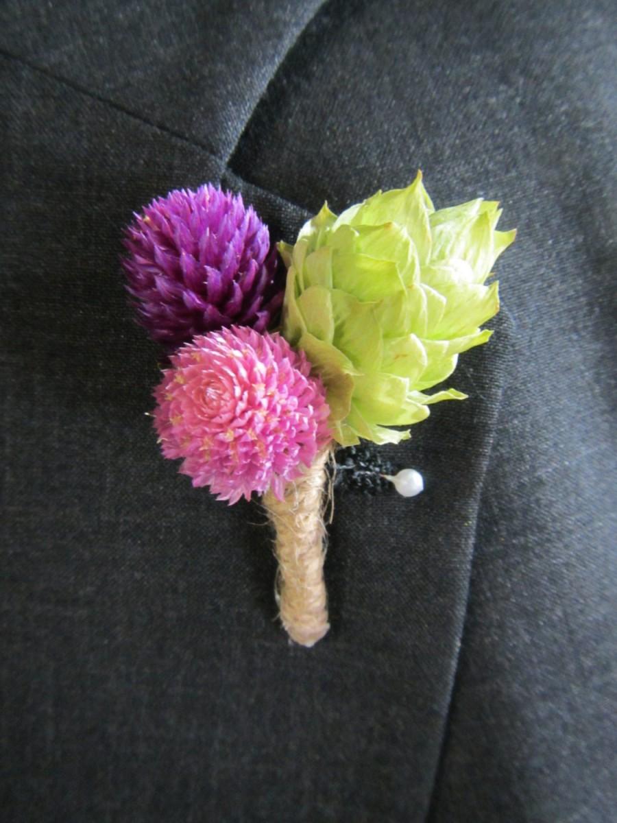 زفاف - Hops Boutonniere, Hops Boutonniere with Fuschia flower accents, Hops and Gomphrena Boutonniere, Green and Purple Boutonniere, Hops Wedding