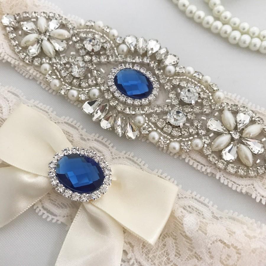 Wedding - Something Blue garter set, Blue Wedding Garter, Bridal Garter Set, Ivory Garter Set, Crystal Pearl Garter, Ivory Wedding Garter