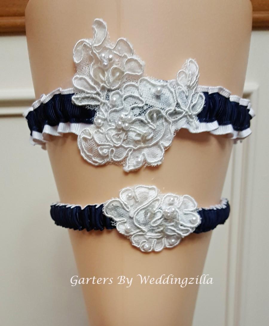 Hochzeit - Navy Blue and White Lace Wedding Garter Set / Navy White Bridal Garter/ French Lace Wedding Garter/ Wedding Garter Belt