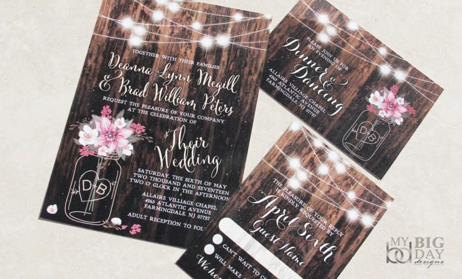 زفاف - New for 2017! Rustic Mason Jar Wedding Invitation set. Mason Jar and Flowers Wedding Invitation set. Mason Jar, flowersand fairy lights