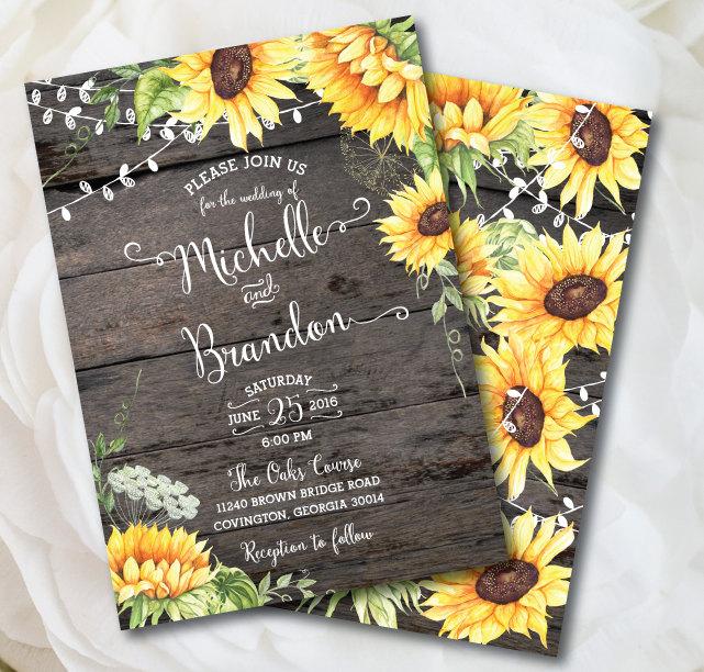 Hochzeit - Rustic Wedding Invitation Template, Sunflower Invitation, Country Wedding, Invitation Kit, Wood Invitation