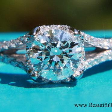 زفاف - CUSTOM Made - 1.25ct  Round - Split Shank-  Halo - Pave - Antique Style - Diamond Engagement Ring 14K white gold - Weddings- Brides - BP001