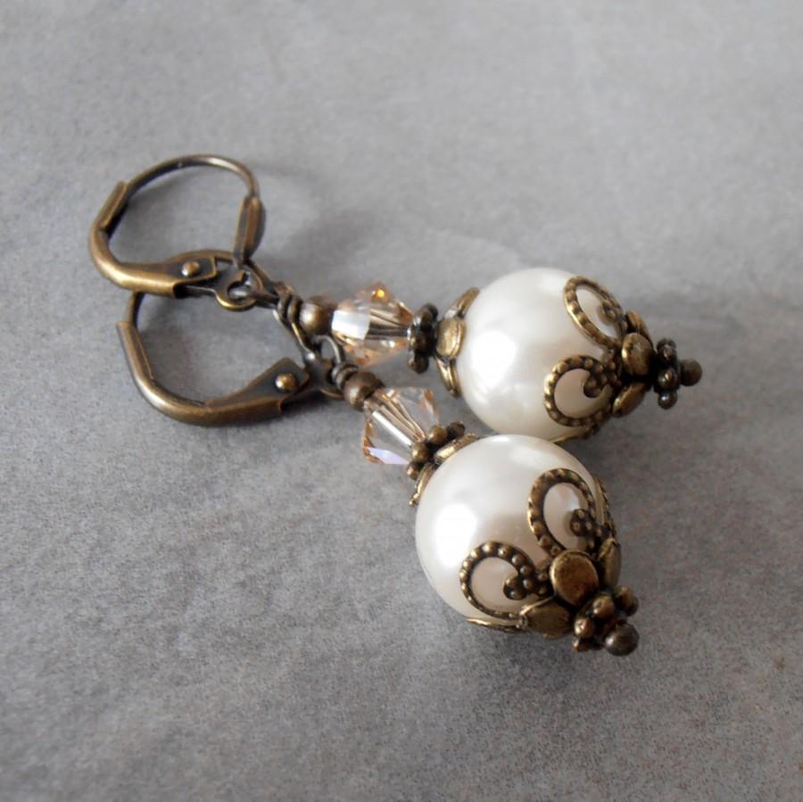 زفاف - Pearl Bridesmaid Earrings Rustic Wedding Jewelry Ivory Pearl Dangles Beaded Earings Vintage Style Swarovski Pearl Bridal Jewelry