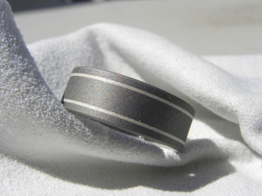 زفاف - Wedding Ring, Titanium Band with Silver Pinstripes Sandblasted Finish
