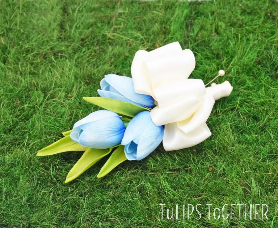 زفاف - Blue Real Touch Tulip Corsage - Ready to Ship for Your Wedding - Customize Your Real Touch Tulip Corsage Pin or Wrist Your Wedding Colors