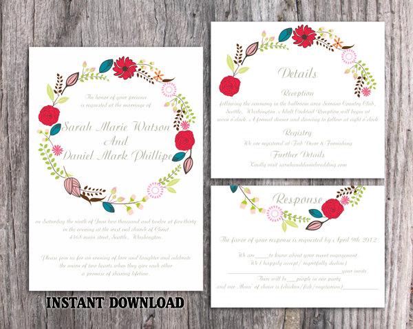 Wedding - Wedding Invitation Template Download Printable Invitations Editable Boho Wedding Invitation Wreath Wedding Invitation Floral Invitation DIY - $15.90 USD