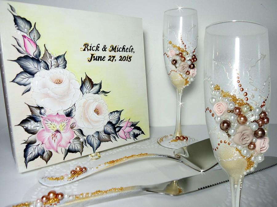 Свадьба - Beautiful Hand Decorated  Wedding Anniversary Cake and Knife Servers Ivory Gold Beige Brown WhiteBeads  by Elena Joliefleur