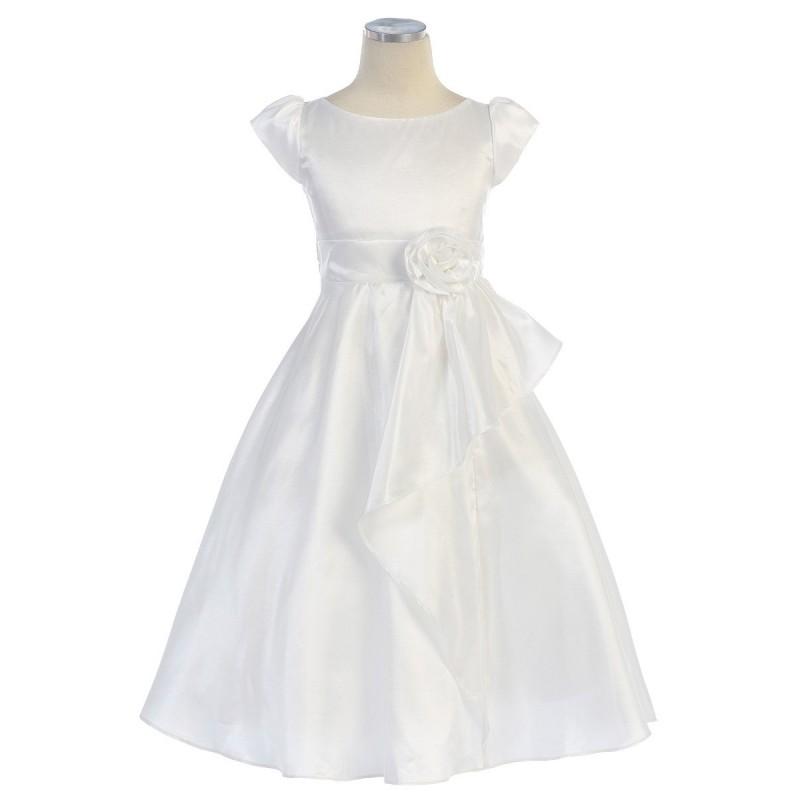 زفاف - White Cap Sleeve Taffeta Dress w/ Front Cascade Ruffle Style: DSK416 - Charming Wedding Party Dresses