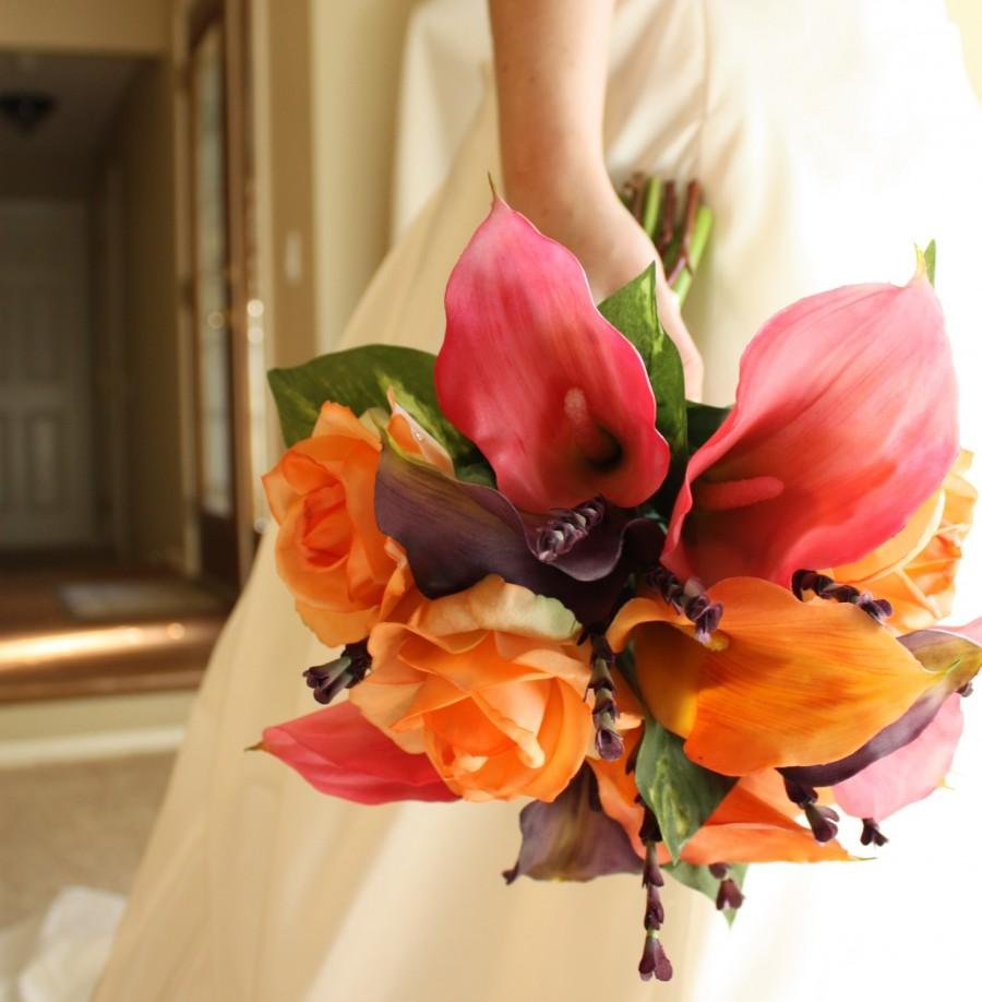 Hochzeit - Calla Lily Bouquet: Real Touch in Pink, Purple, and Orange for Summer Wedding, Spring Wedding, Fall Wedding