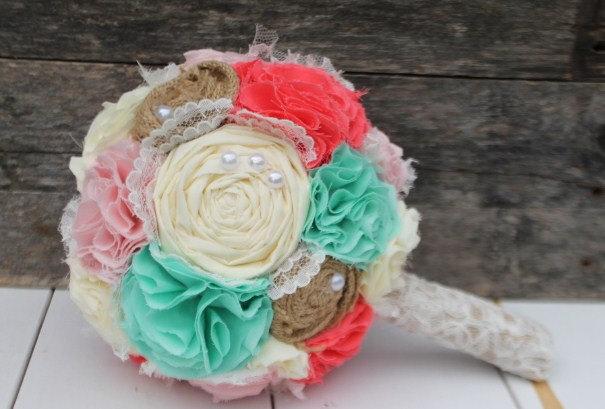 Hochzeit - Romantic pink, coral, mint and butter rustic french pastry themed lace bridal wedding bouquet. Shabby chic fabric flowers.