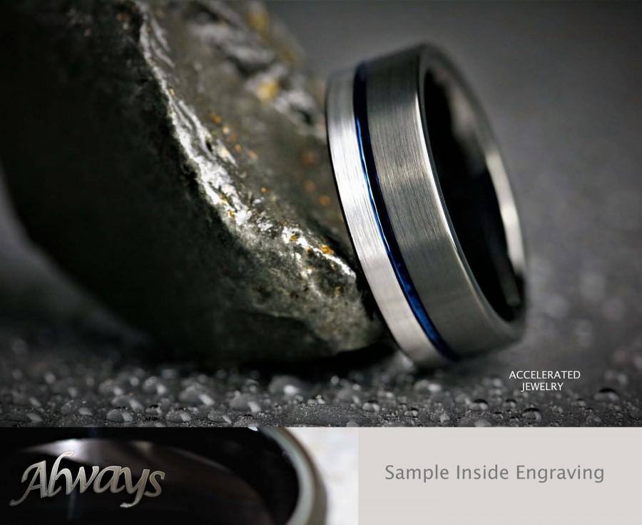 زفاف - 8MM Mens Satin Black/Silver Tungsten With Blue Groove Wedding, Engagement, Promise Ring, Custom Laser Engraved Inside