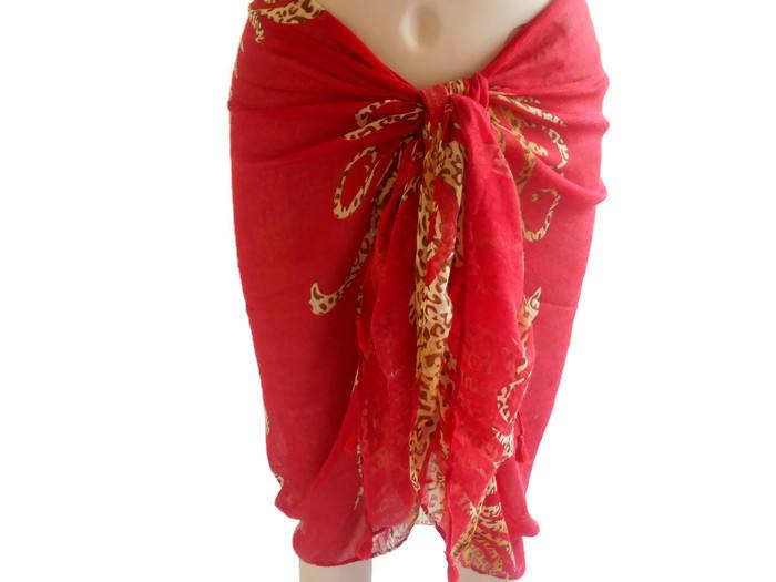 Mariage - Red Pareo, Swimwear, Cotton Pareo, Wide Pareo, Leopard Pareo, Beach Cover, Red Sarong, Women's Accessories, Wide Shawl, Beach Pareo