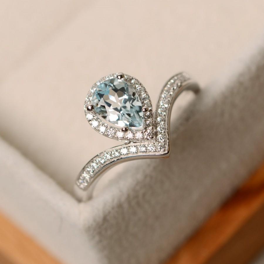 Wedding - Aquamarine ring, pear cut, sterling silver, engagement ring, March birthstone