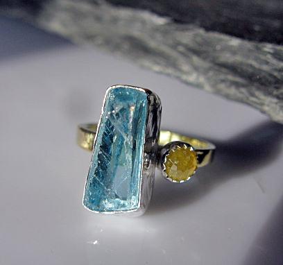 Hochzeit - Aquamarine Engagement Ring 18K Rose Cut Yellow Diamond Ring Unique Engagement Ring Blue Gemstone Statement Ring Size 6 Raw Aquamarine Rough