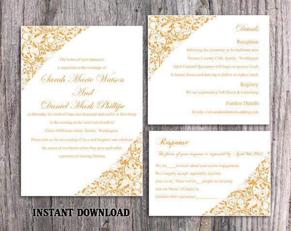 Hochzeit - Wedding Invitation Template Download Printable Wedding Invitation Editable Invitation Elegant Floral Invitation Orange Wedding Invites DIY - $15.90 USD