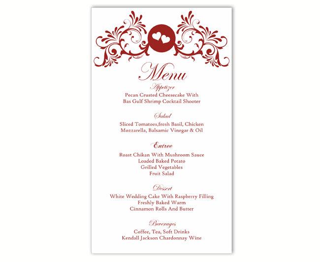 Mariage - Wedding Menu Template DIY Menu Card Template Editable Text Word File Instant Download Wine Red Menu Heart Menu Card Printable Menu 4x7inch - $6.90 USD