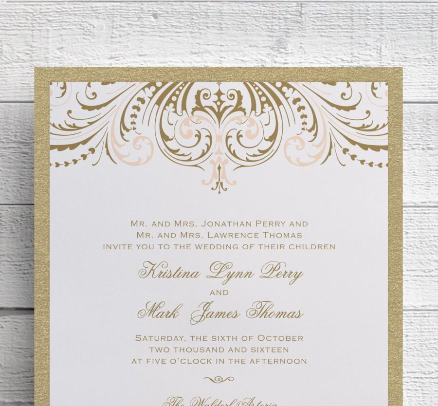 Свадьба - Blush Pink and Gold Wedding Invitation, Foil Stamped Wedding Invitation, Vintage Gold, Printed Gold, Invitation Suite, SAMPLE