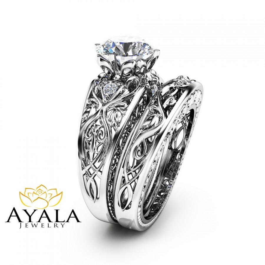 زفاف - 2 Carat Engagement Ring Set Unique 14K White Gold Bridal Rings 2 Carat Moissanite Ring Art Deco Engagement Rings