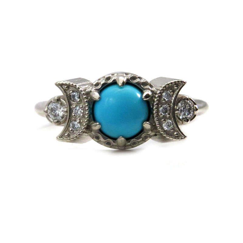 Hochzeit - Sleeping Beauty Turquoise and Diamond Crescent Moon Engagement Ring - 14k Palladium White Gold