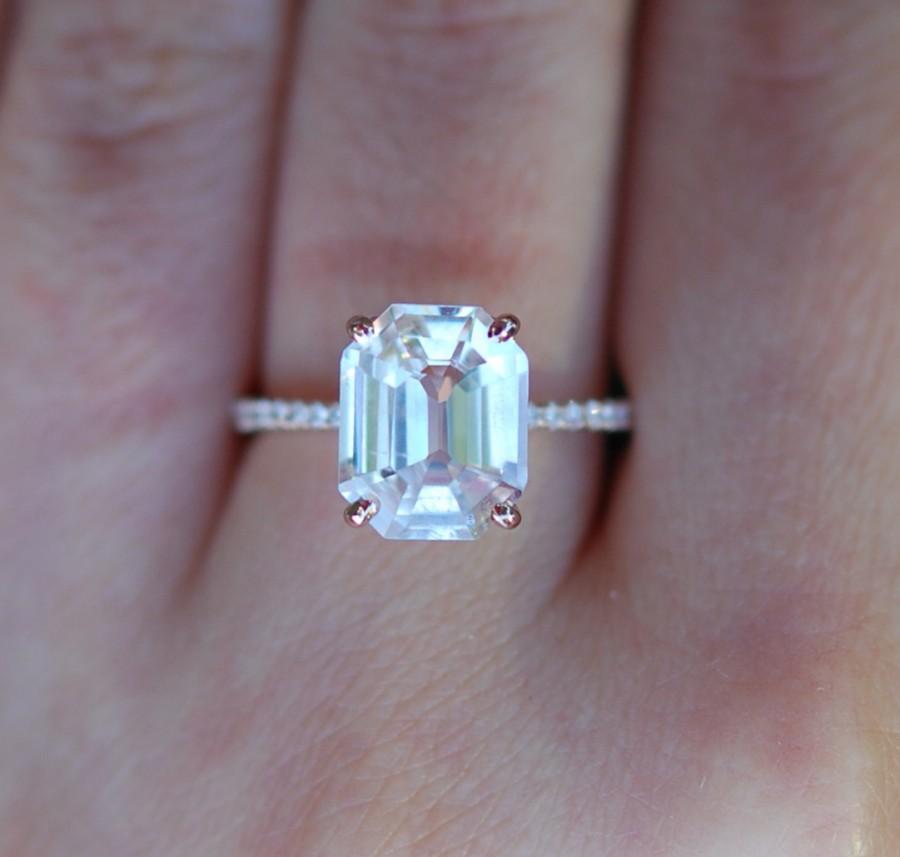 Wedding - Engagement Ring emerald cut 14k rose gold diamond ring. Unique engagement ring anniversary ring 4.04ct sapphire ring by Eidelprecious