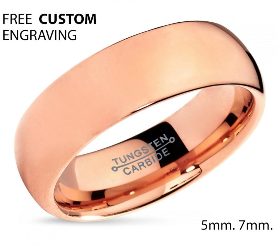 Wedding - Tungsten Ring Rose Gold Wedding Band Ring Tungsten Carbide 7mm 18K Tungsten Ring Man Wedding Band Male Women Anniversary Matching