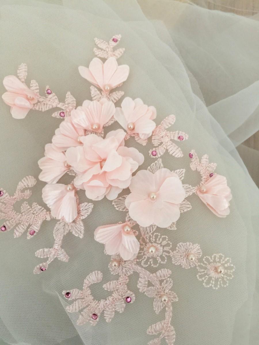 Wedding - 3D pearl beaded lace applique, wedding gown bodice, bridal veil train