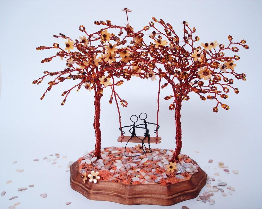 Свадьба - Blossom Beaded Trees with Swing Couple - Home Art Decor, Wedding Centerpiece, Anniversary, Engagement, Bridal Shower, Cake Topper
