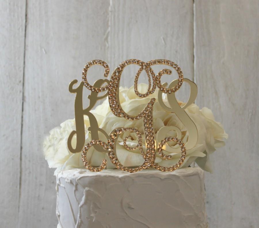 Mariage - Gold 3 Initial Monogram Wedding Cake Topper, GOLD Swarovski Crystals, Gold bling Letters A B C D E F G H I J K L M N O P Q R S T U V W X Y Z