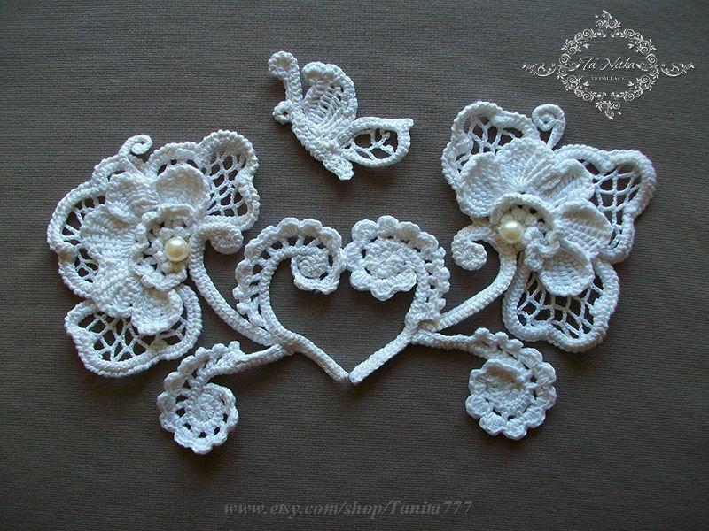 Wedding - Flowers with Butterfly Decorative Crocheted Decoration Irish Lace Hand Work Trim of Clothes Applique Supplies Embellishment - $35.00 USD