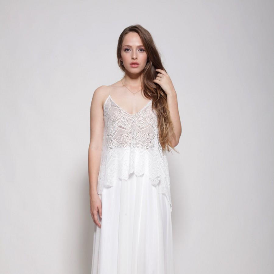 Wedding - Bohemian lace top wedding dress , nude color lining ,open back wedding dress