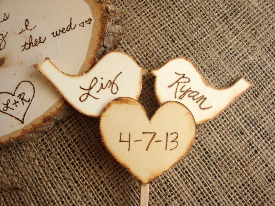 Wedding - Rustic love birds with heart cake toppers, custom, personalized wedding, shabby chic