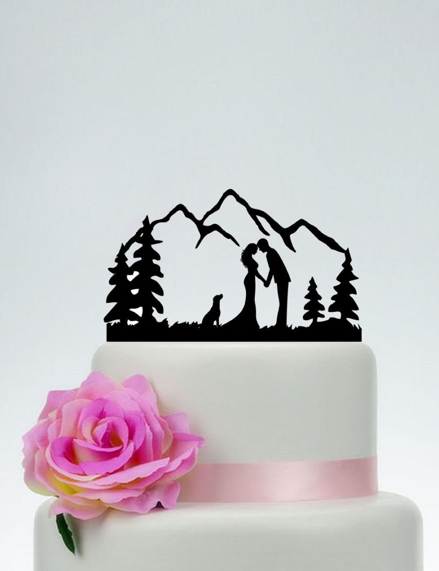 Wedding - Outdoor Wedding Cake Topper,Bride and Groom, Dog Cake Topper,Custom Mountain Cake Topper,Personalized Cake Topper,Tree Cake Topper C172
