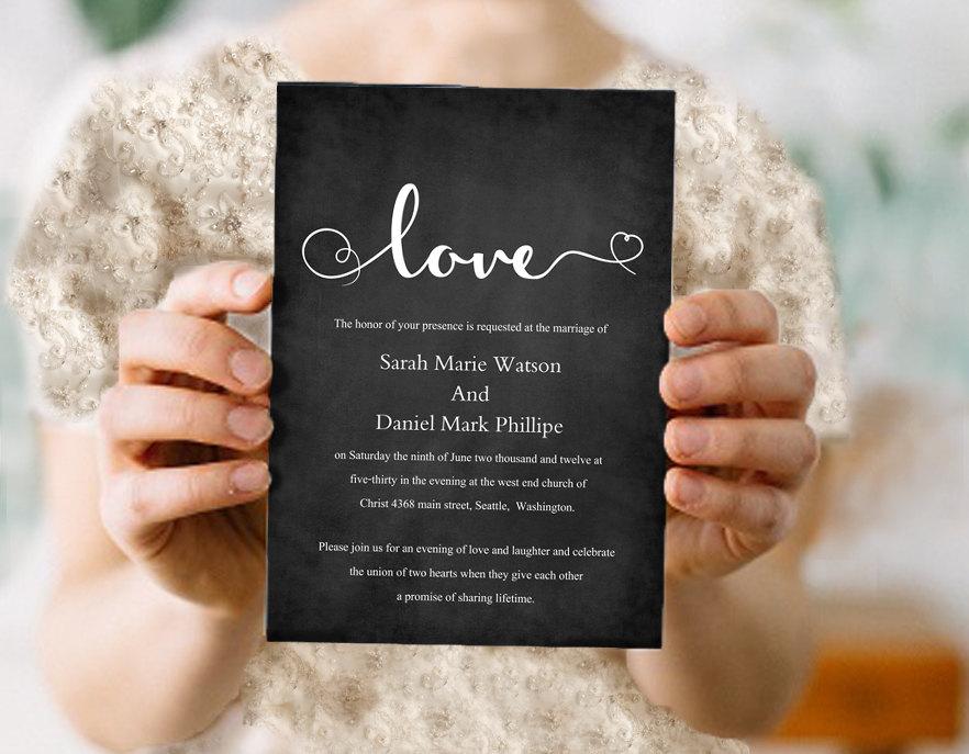 Mariage - Wedding Invitation Template Download Printable Invitations Editable Chalkboard Wedding Invitation Black & White Heart Invitation Love Invite - $8.90 USD