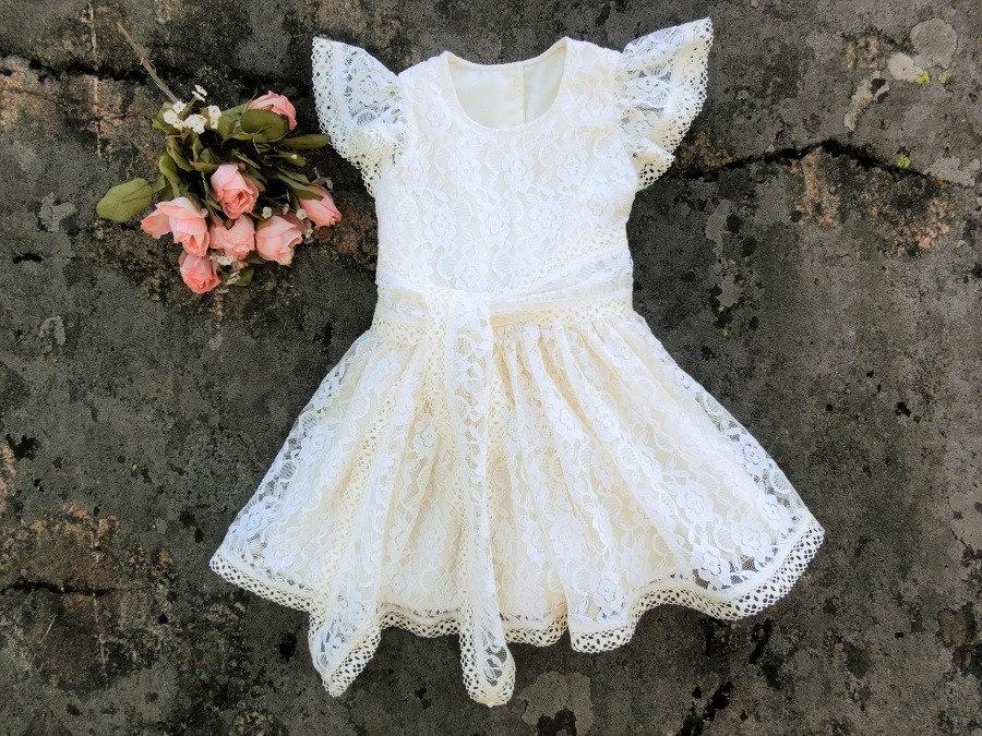 Mariage - Ivory flower girl dress. Lace flower girl dress. Rustic flower girl dress, short flower girl dress vintage. Ivory lace flower girl dress