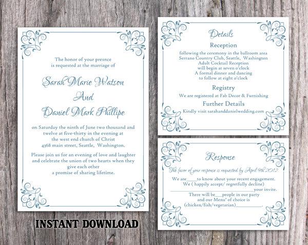 Свадьба - Wedding Invitation Template Download Printable Wedding Invitation Editable Invitation Blue Invitation Elegant Floral Wedding Invitation DIY - $15.90 USD