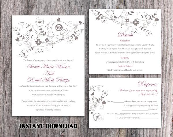Wedding - Wedding Invitation Template Download Printable Wedding Invitation Editable Gray Invitation Bird Invitation Purple Wedding Invitation DIY - $15.90 USD