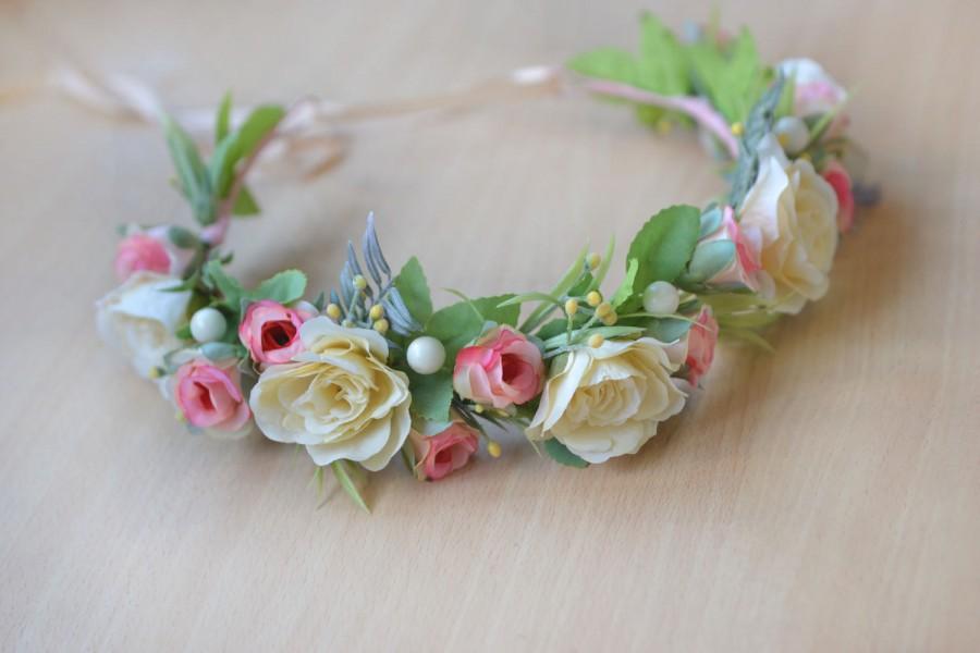 Hochzeit - Bridal crown ivory pink floral crown wedding Flower girl halo roses hair wreath Ivory flower headband Ready to ship crown - $39.00 USD