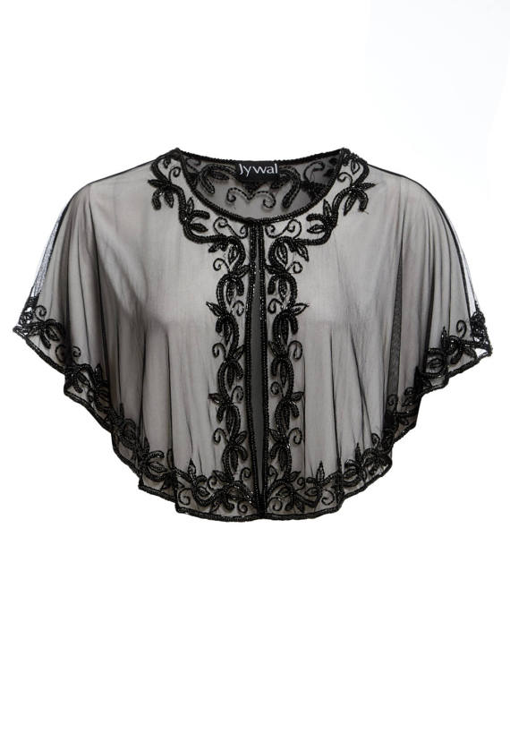 Свадьба - Dorris 1920s Great Gatsby Vintage Style, Short Cover Up, Art Deco Black Beaded Party Cape Shrug, Embellished Shawl, Bridal Capelet, S-XL