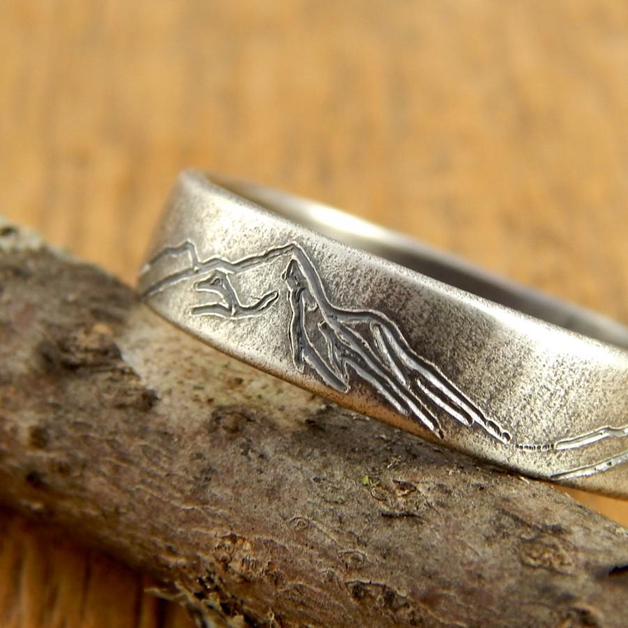Hochzeit - Mountain ring, wedding band mountain range, *5 mm wide* engraved sterling silver, 1.5 mm thick, contact me about custom mountain designs!