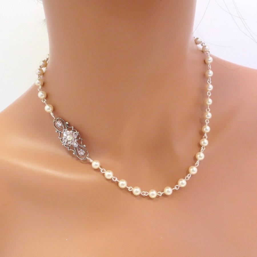 زفاف - Bridal jewelry, Wedding necklace, Pearl Bridal necklace, Pearl necklace, Vintage style necklace, Rhinestone necklace, Swarovski crystal