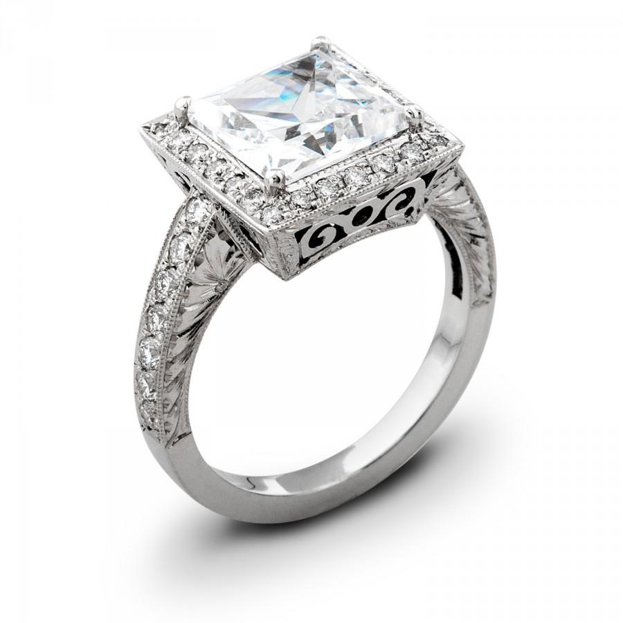 Hochzeit - Ladies Vintage 18kt white gold engagement ring 0.50 ctw G-VS2 quality diamonds and 2ct Princess Cut natural white sapphire