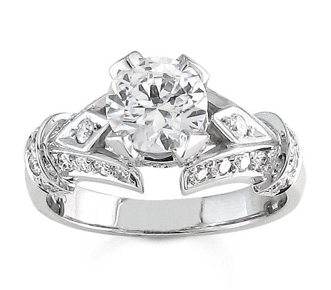 زفاف - Ladies Platinum vintage engagement ring 0.50 ctw G-VS2 quality diamond with 1ct round natural white sapphire center