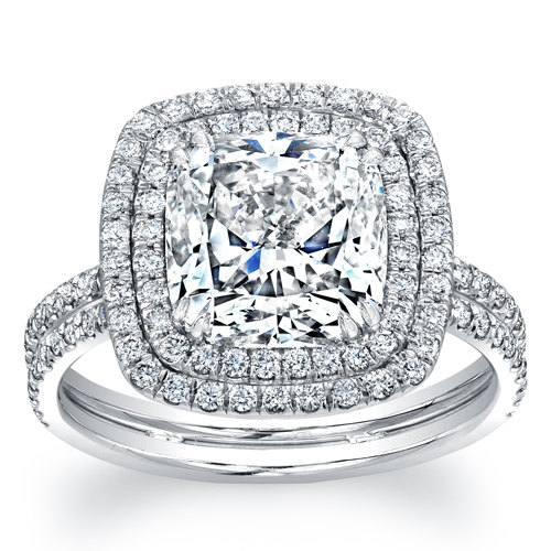 زفاف - Ladies platinum double halo engagement ring with 7mm  2.00ct Cushion shape white sapphire and 0.75 ctw G-VS2 quality