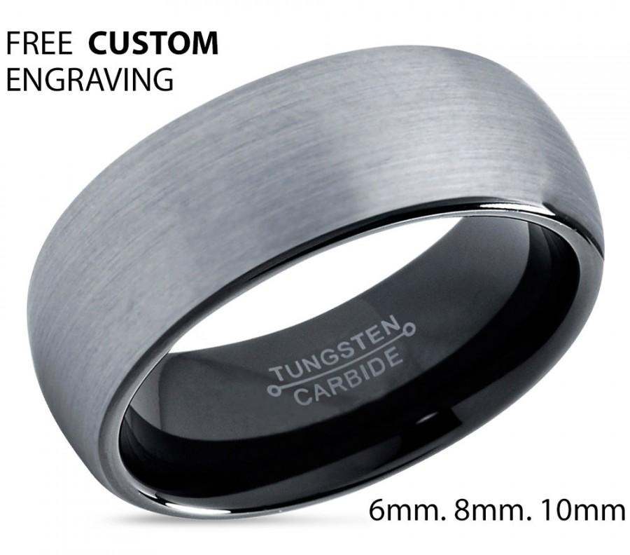 Hochzeit - Tungsten Ring Mens Brushed Silver Black Wedding Band Tungsten Ring Tungsten Carbide 8mm Tungsten Ring Man Male Women Anniversary Matching
