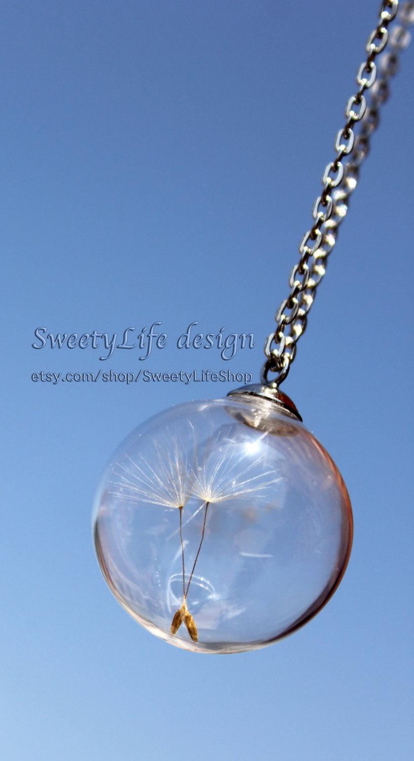 زفاف - Terrarium jewelry, Large glass orb with Two Special Wishes, Dandelion Seeds in a vial, Birthday Terrarium Necklace, Eco-friendly big Pendant