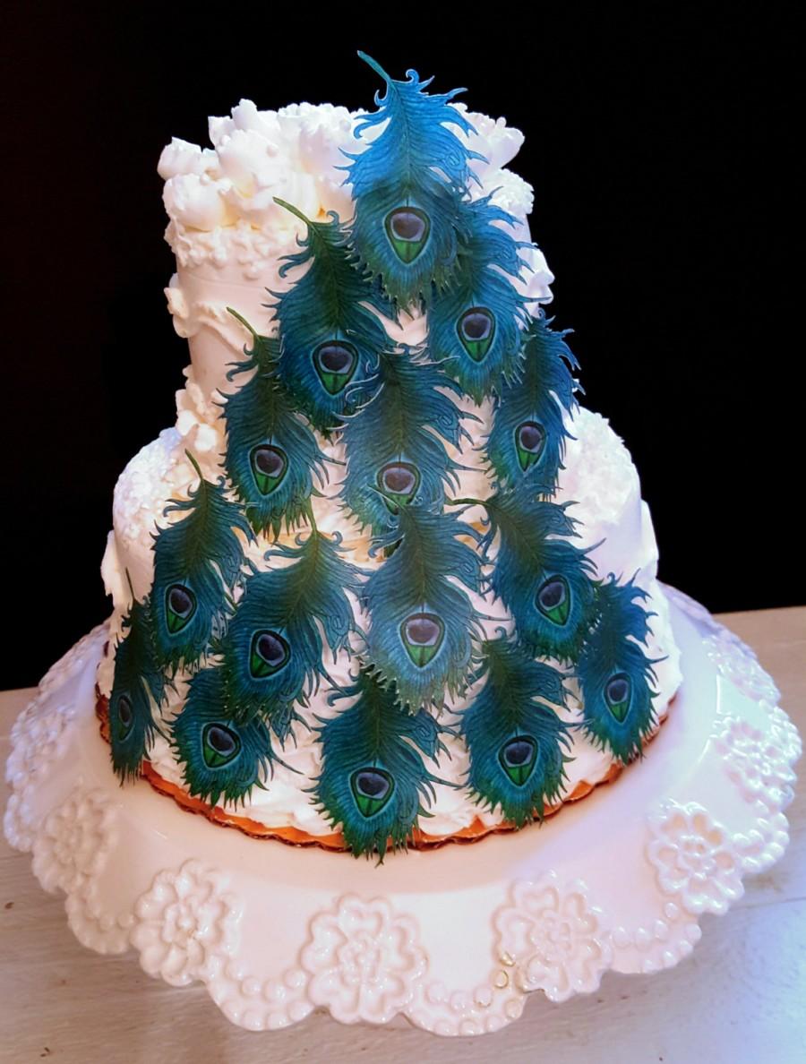 زفاف - Edible Teal Blue Peacocks Feathers, Collection Set of 15
